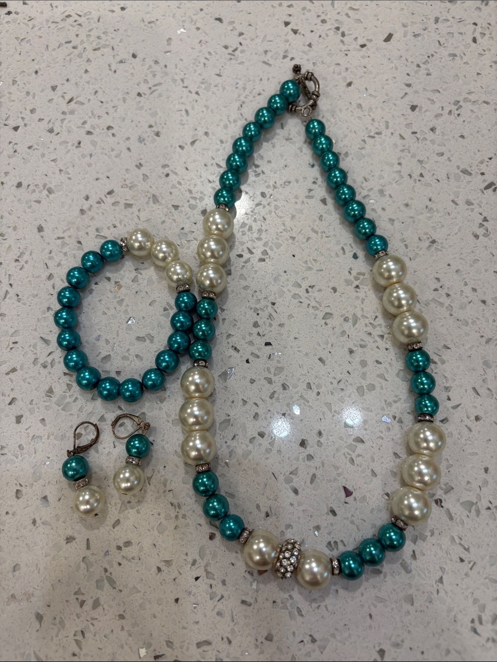 Teal and Ivory Pearl Bead Necklace Set with Drop Earrings
